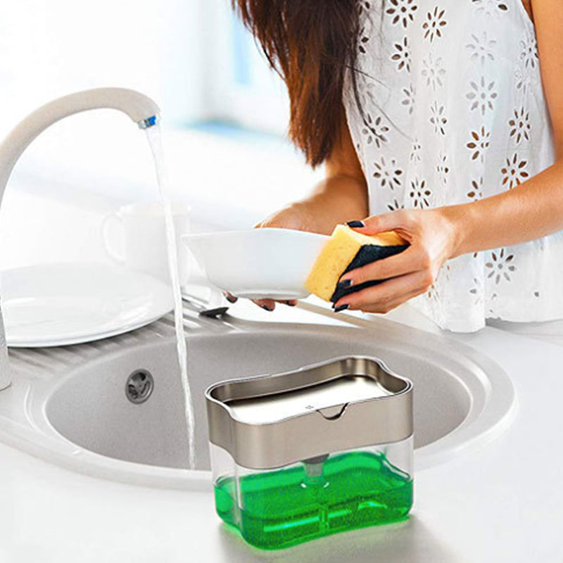 2-in-1 Sponge & Soap Pump Dispenser – No-Mess Cleaning with Every Press