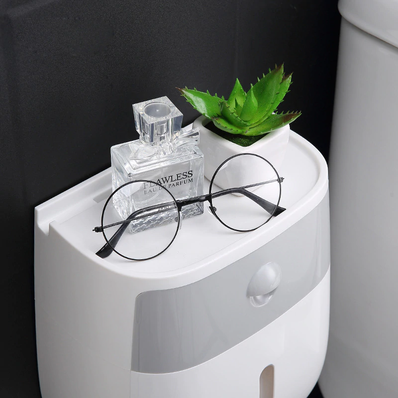 Waterproof Toilet Paper Holder – Wall-Mount Organizer with Drawer & Phone Shelf