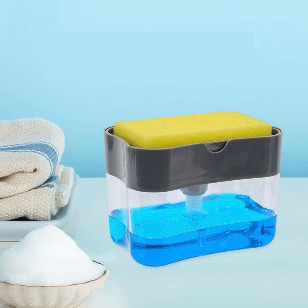 2-in-1 Sponge & Soap Pump Dispenser – No-Mess Cleaning with Every Press