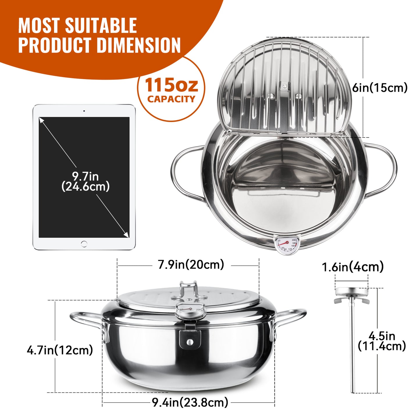 Stainless Steel Frying Pot with Thermometer