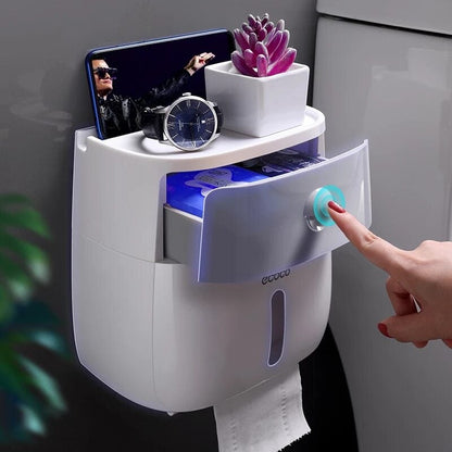 Waterproof Toilet Paper Holder – Wall-Mount Organizer with Drawer & Phone Shelf